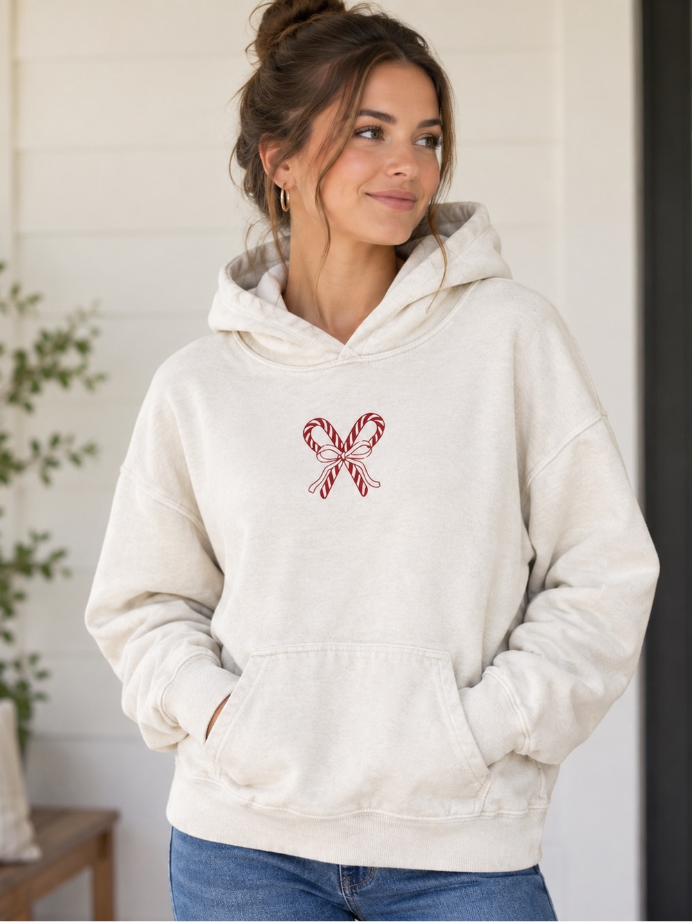 Hollister XS Off White Candy Cane Bow Holiday Pullover Hoodie Festive Christmas